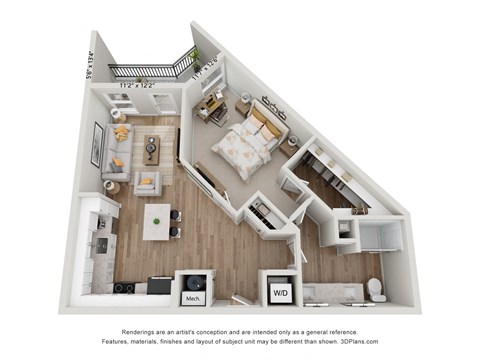 Floor plan for 1 bed, 1 bath, 803 sqft